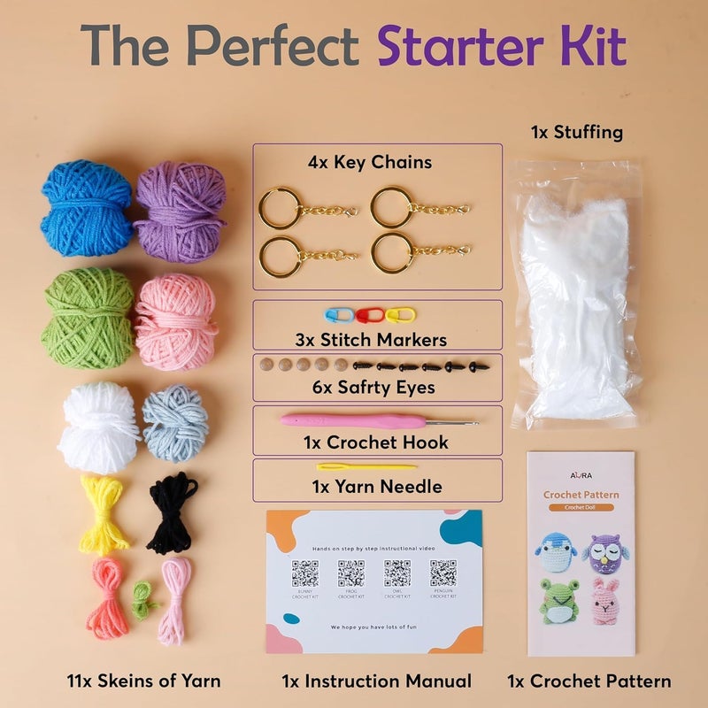 AURA Learn to Crochet Kit for Beginners Kids and Adults, Premium 4 Animal Pattern Beginner Crochet Kits with Easy Tube Yarn & Step-by-Step Video Tutorials (Forest Friends–Standard Size) - Image 4